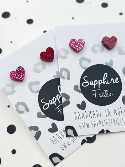 Mini Red & Hot Pink Mismatch Glitter Heart Studs – Hypoallergenic Stainless Steel