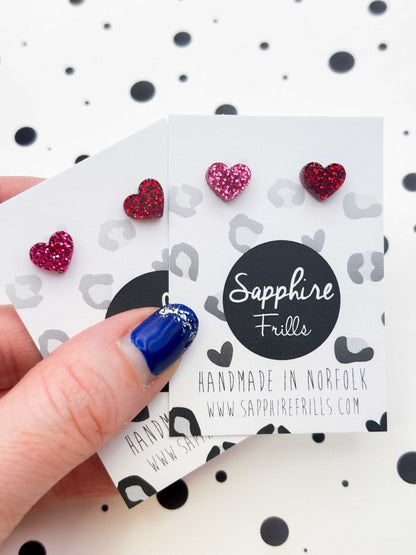 Mini Red & Hot Pink Mismatch Glitter Heart Studs – Hypoallergenic Stainless Steel