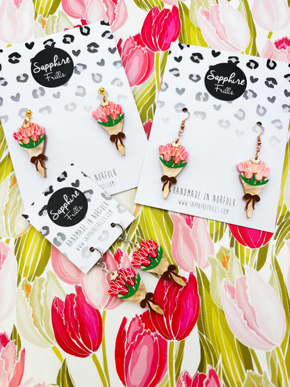 Large Hot Pink and Peach Bouquet of Tulips Dangle Earrings or Necklace – Hypoallergenic Stainless Steel