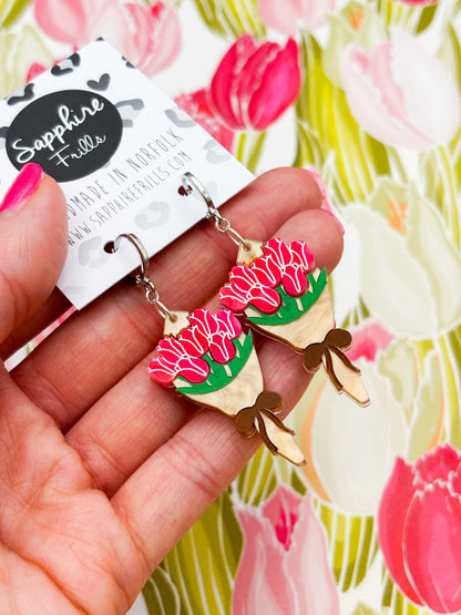 Large Hot Pink and Peach Bouquet of Tulips Dangle Earrings or Necklace – Hypoallergenic Stainless Steel