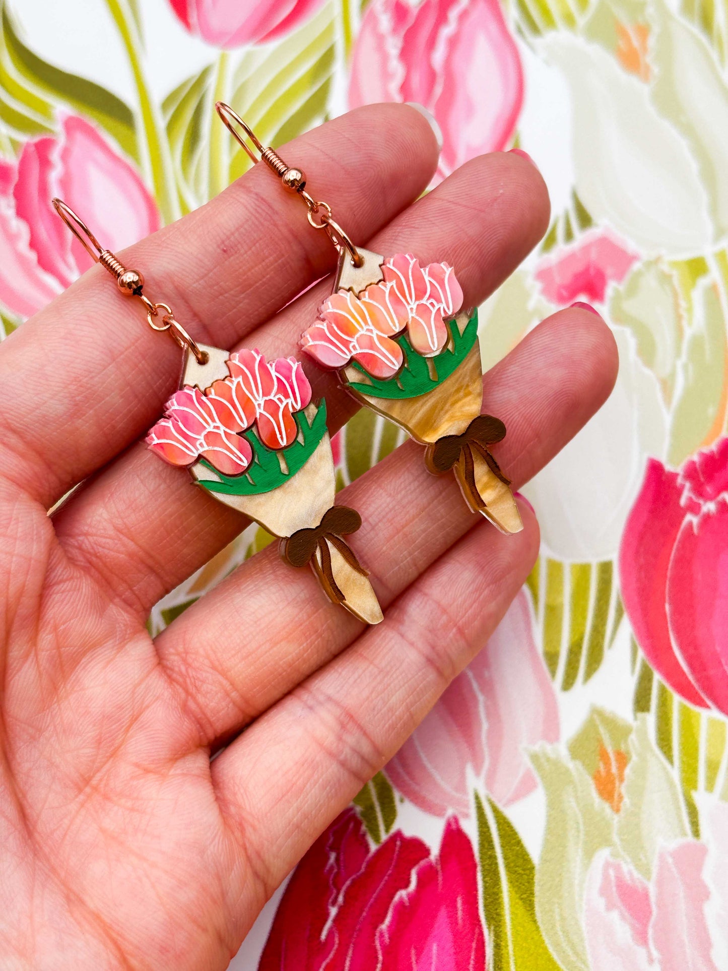 Large Hot Pink and Peach Bouquet of Tulips Dangle Earrings or Necklace – Hypoallergenic Stainless Steel