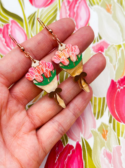 Large Hot Pink and Peach Bouquet of Tulips Dangle Earrings or Necklace – Hypoallergenic Stainless Steel