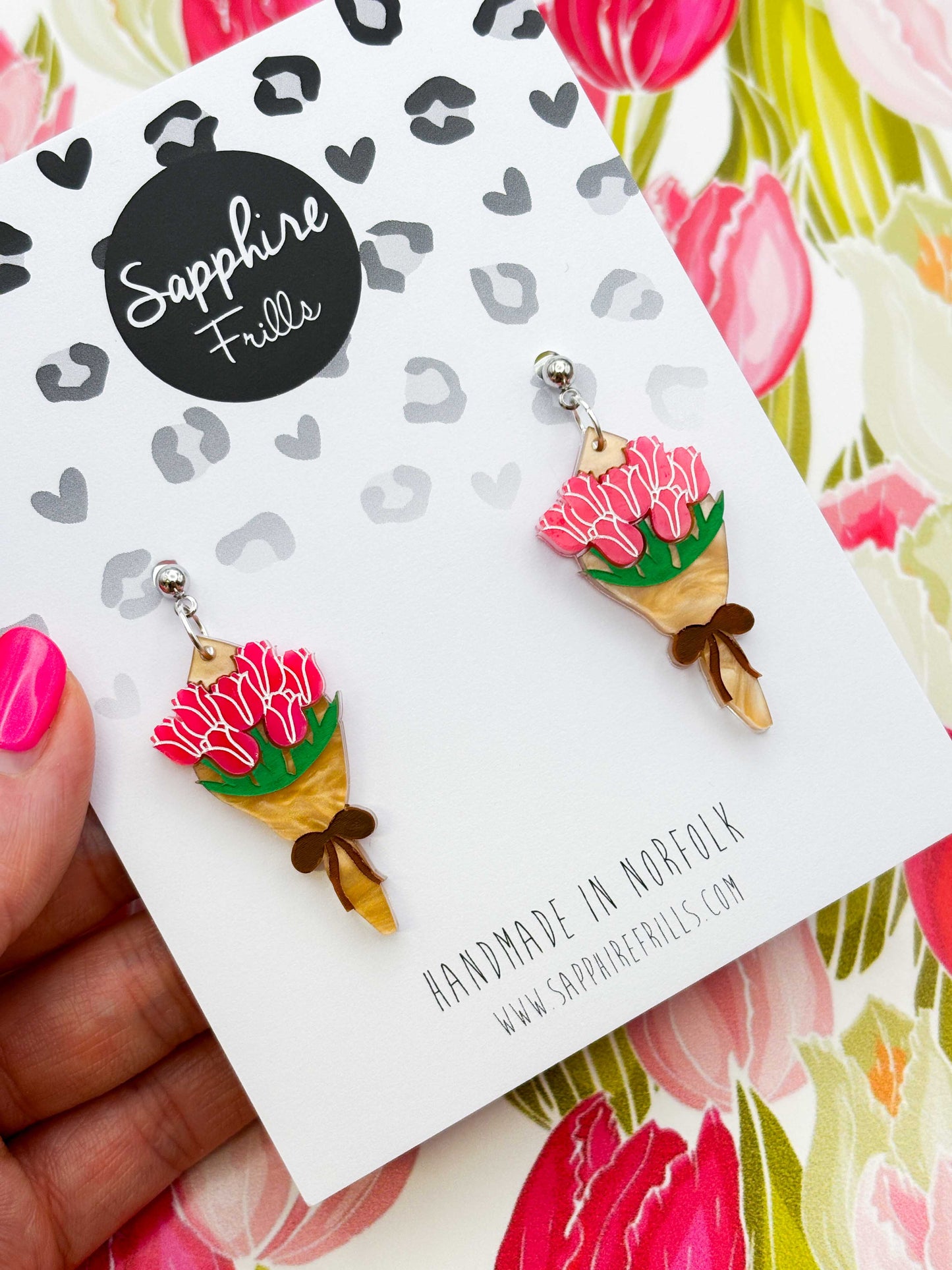 Large Hot Pink and Peach Bouquet of Tulips Dangle Earrings or Necklace – Hypoallergenic Stainless Steel