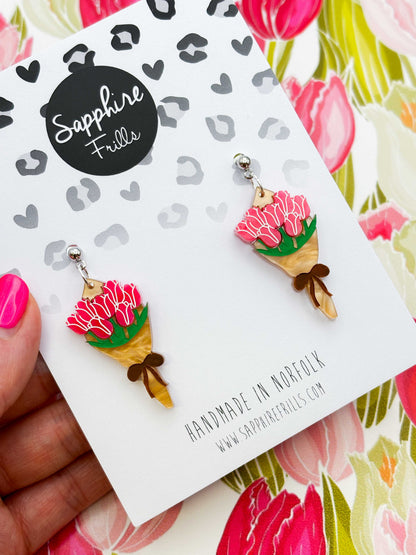 Large Hot Pink and Peach Bouquet of Tulips Dangle Earrings or Necklace – Hypoallergenic Stainless Steel