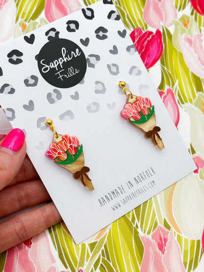 Large Hot Pink and Peach Bouquet of Tulips Dangle Earrings or Necklace – Hypoallergenic Stainless Steel