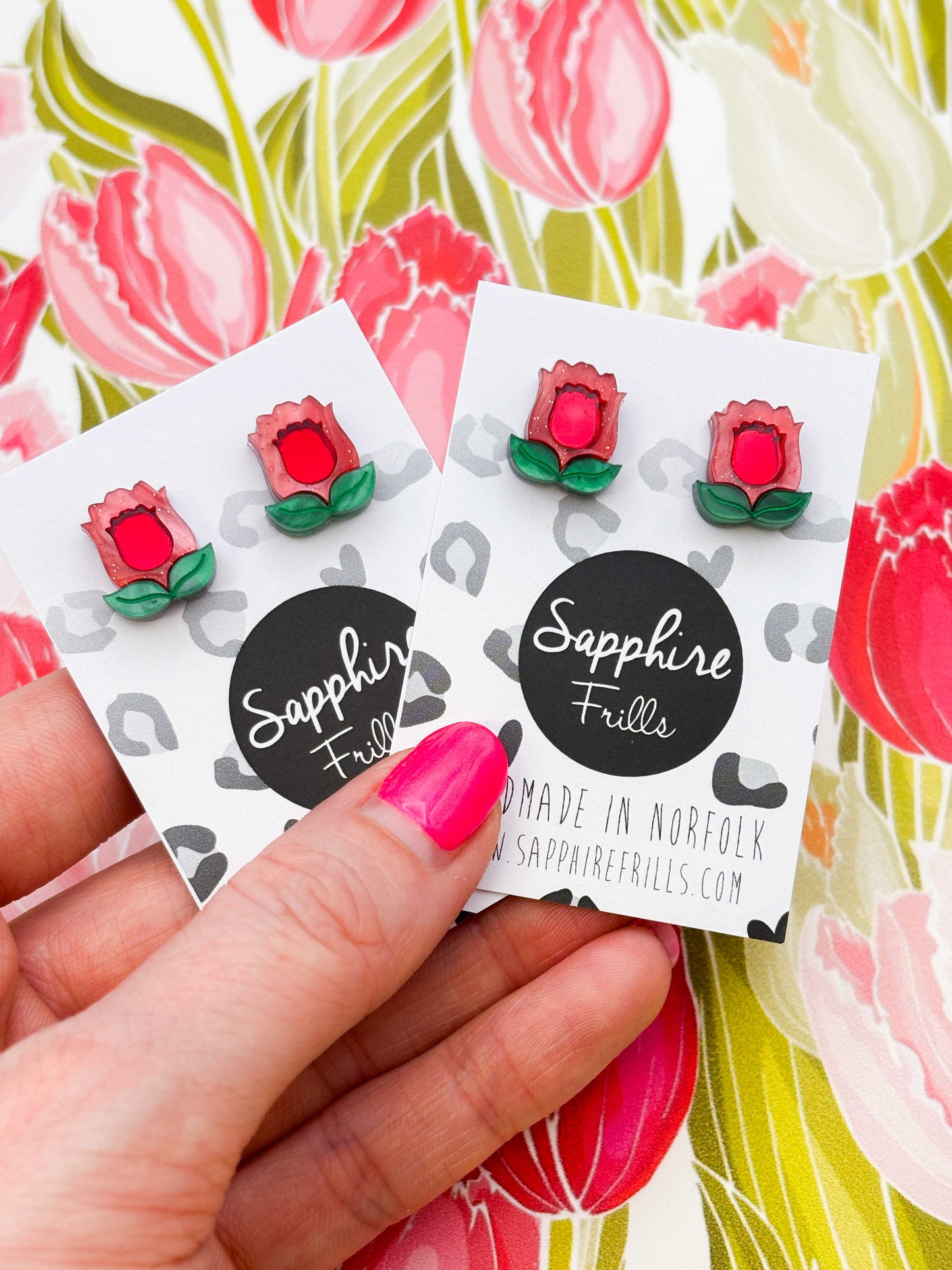 Small Red Mirror Tulip with Leaf Stud Earrings – Hypoallergenic Stainless Steel