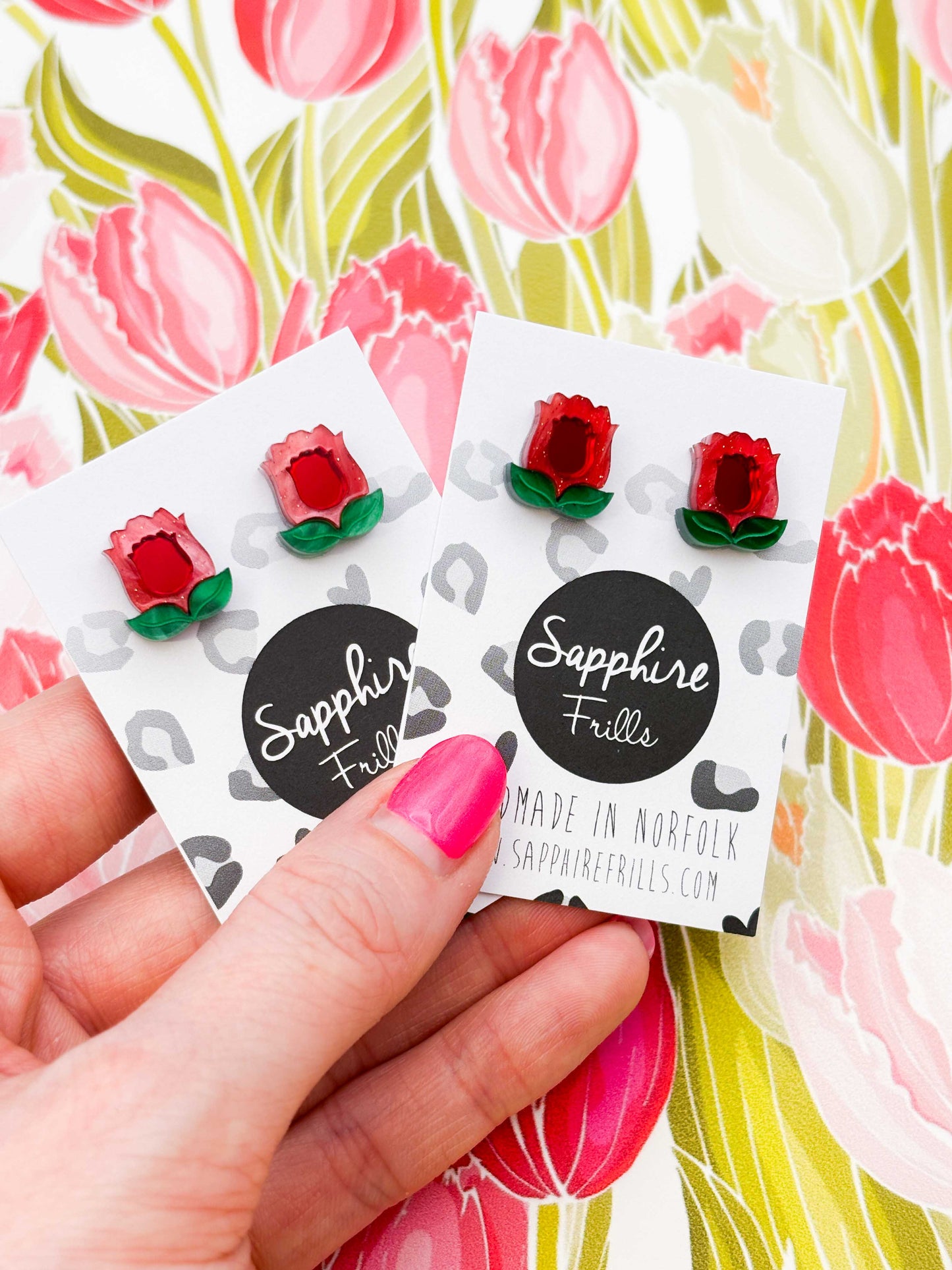 Small Red Mirror Tulip with Leaf Stud Earrings – Hypoallergenic Stainless Steel