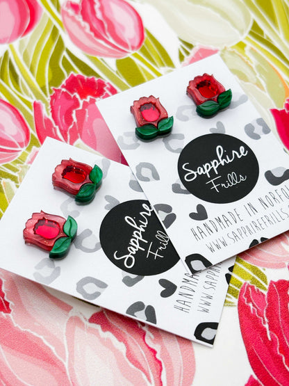 Small Red Mirror Tulip with Leaf Stud Earrings – Hypoallergenic Stainless Steel