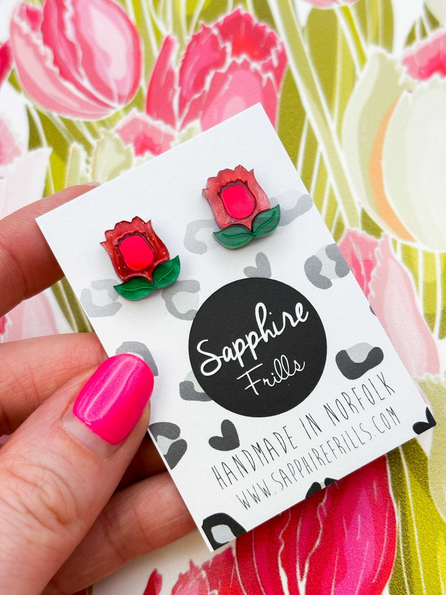 Small Red Mirror Tulip with Leaf Stud Earrings – Hypoallergenic Stainless Steel