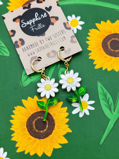 Large White Daisy Acrylic Dangle Earrings or Necklace – Hypoallergenic Stainless Steel