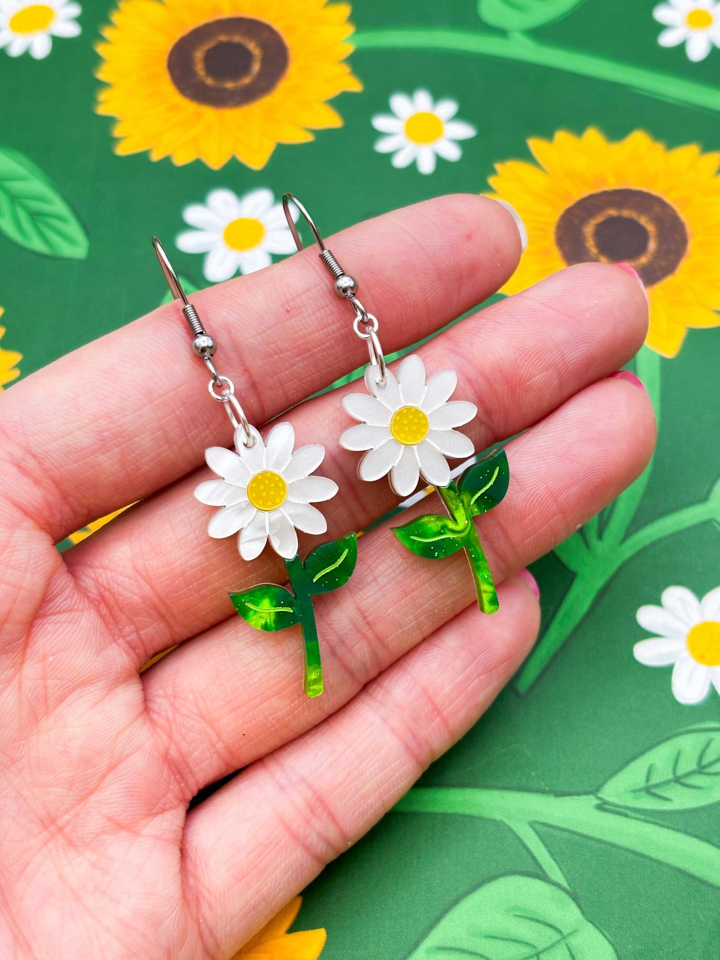 Large White Daisy Acrylic Dangle Earrings or Necklace – Hypoallergenic Stainless Steel