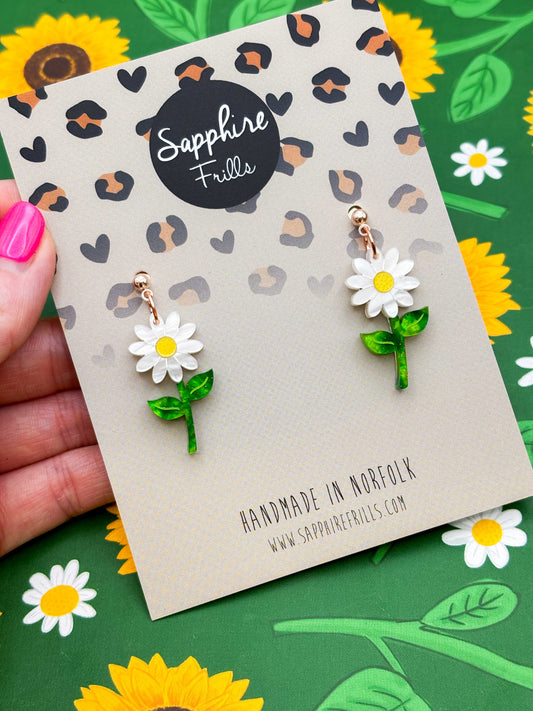 Large White Daisy Acrylic Dangle Earrings or Necklace – Hypoallergenic Stainless Steel