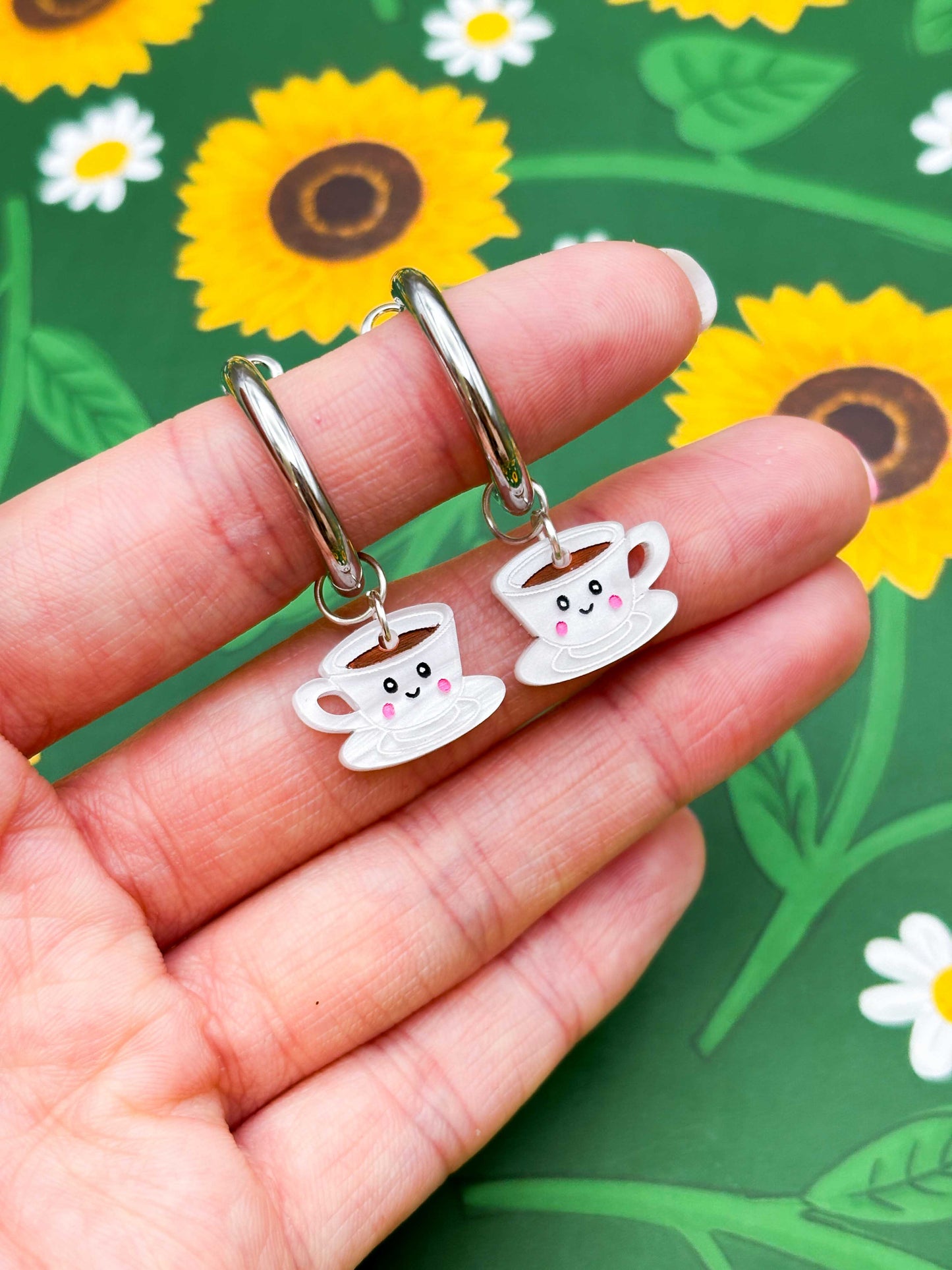 Small White Teacup and Saucer with Face Dangle Earrings or Necklace – Hypoallergenic Stainless Steel