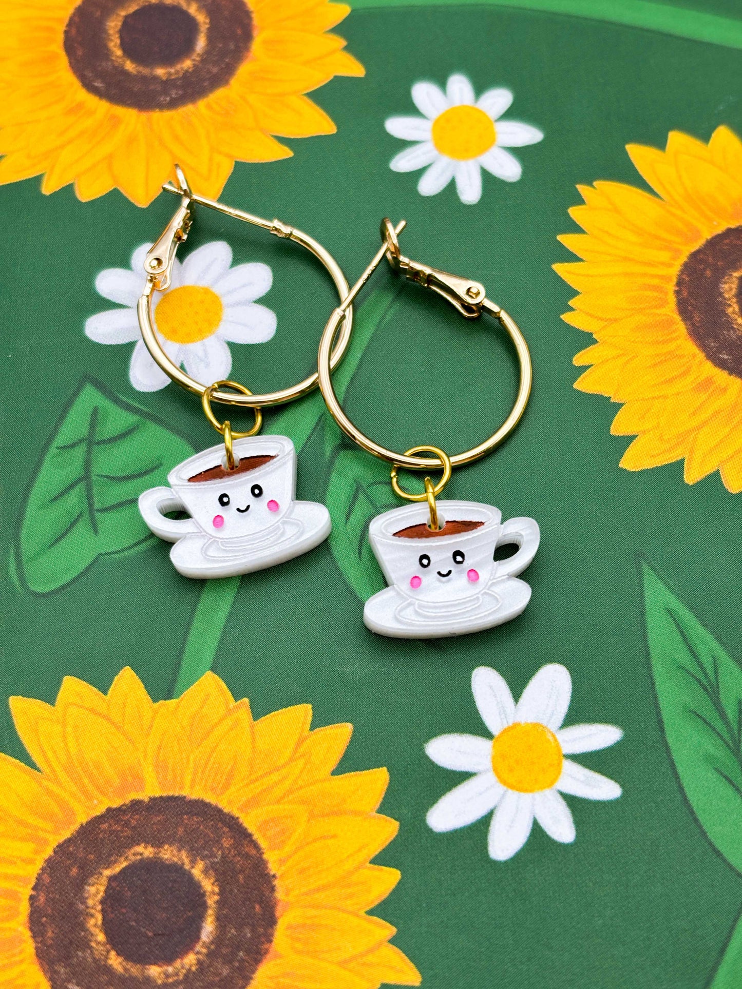 Small White Teacup and Saucer with Face Dangle Earrings or Necklace – Hypoallergenic Stainless Steel