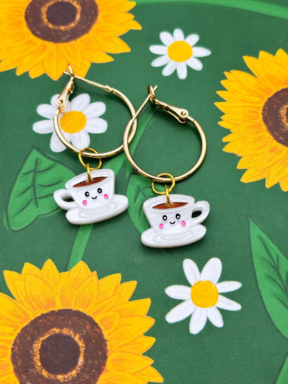 Small White Teacup and Saucer with Face Dangle Earrings or Necklace – Hypoallergenic Stainless Steel