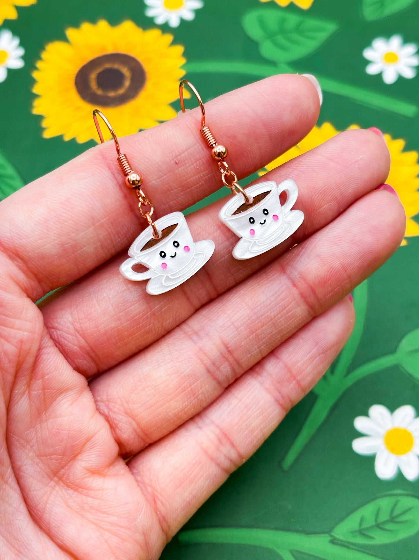 Small White Teacup and Saucer with Face Dangle Earrings or Necklace – Hypoallergenic Stainless Steel
