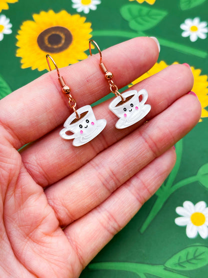Small White Teacup and Saucer with Face Dangle Earrings or Necklace – Hypoallergenic Stainless Steel