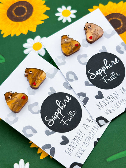 Small Copper Marble Bear Hug with Heart Studs – Hypoallergenic Stainless Steel