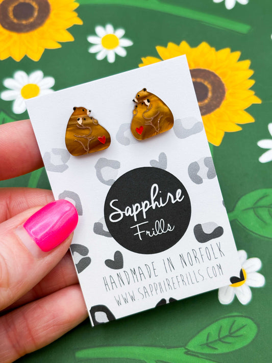 Small Copper Marble Bear Hug with Heart Studs – Hypoallergenic Stainless Steel