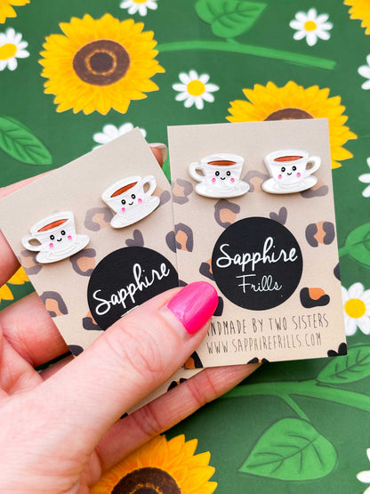 Small White Teacup and Saucer with Face Stud Earrings – Hypoallergenic Stainless Steel