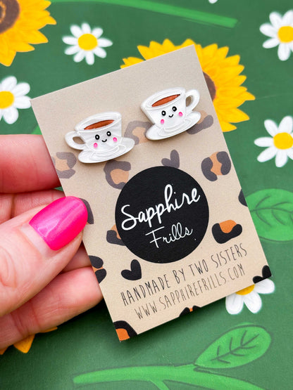 Small White Teacup and Saucer with Face Stud Earrings – Hypoallergenic Stainless Steel
