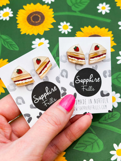 Medium Victoria Sponge Cake Slice with Strawberry Acrylic Stud Earrings – Hypoallergenic Stainless Steel