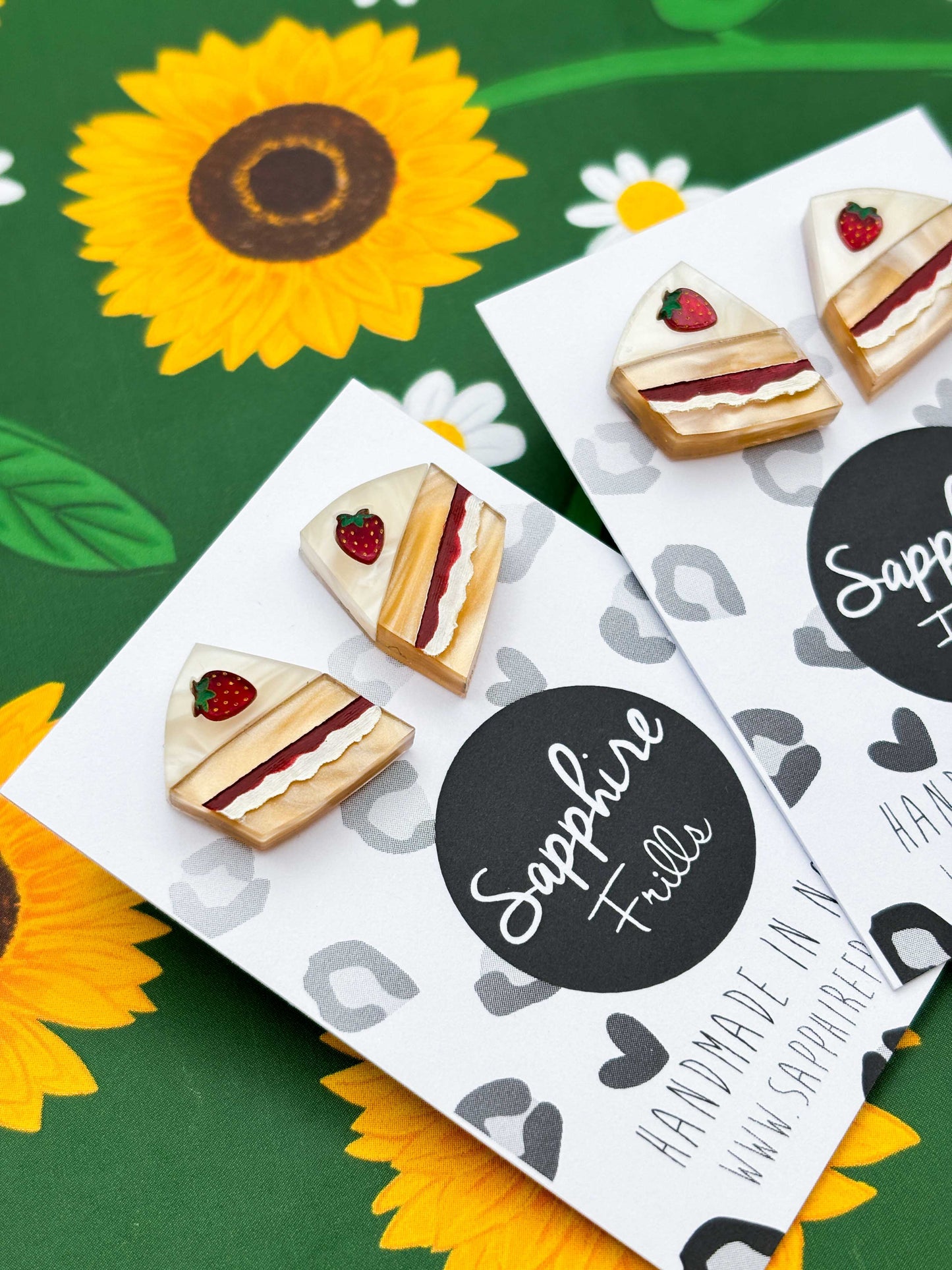Medium Victoria Sponge Cake Slice with Strawberry Acrylic Stud Earrings – Hypoallergenic Stainless Steel