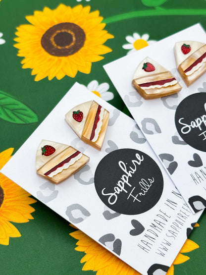 Medium Victoria Sponge Cake Slice with Strawberry Acrylic Stud Earrings – Hypoallergenic Stainless Steel