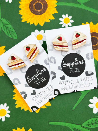 Medium Victoria Sponge Cake Slice with Strawberry Acrylic Stud Earrings – Hypoallergenic Stainless Steel