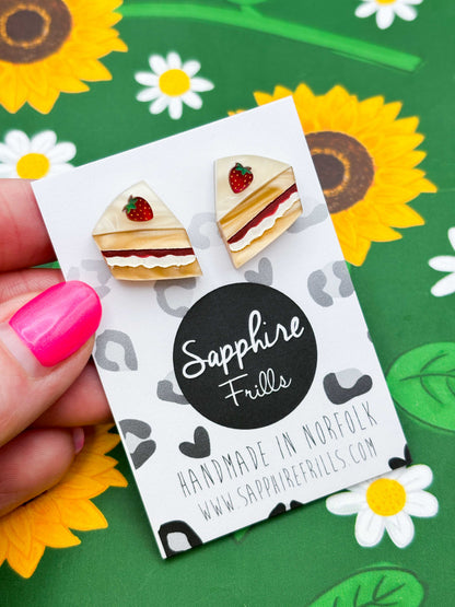 Medium Victoria Sponge Cake Slice with Strawberry Acrylic Stud Earrings – Hypoallergenic Stainless Steel