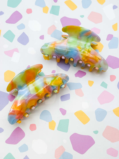 Large Pastel Rainbow Marble Crescent Claw Clip