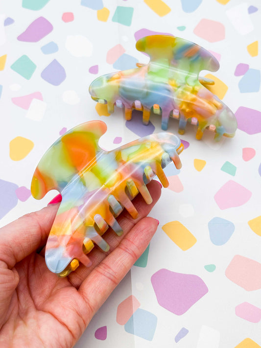 Large Pastel Rainbow Marble Crescent Claw Clip