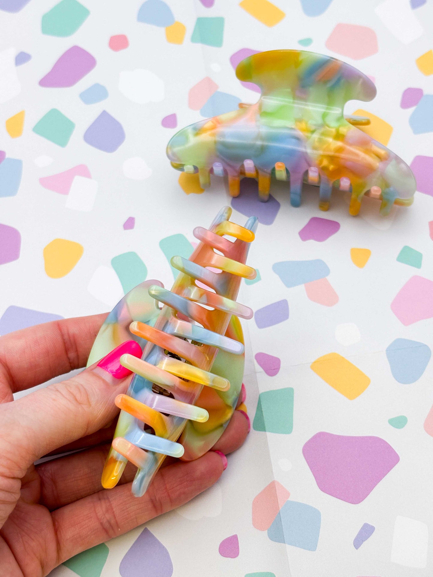 Large Pastel Rainbow Marble Crescent Claw Clip