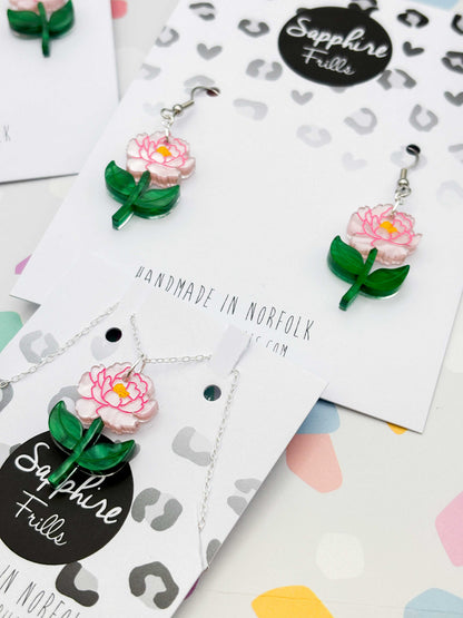Large Pale Pink Peony Acrylic Dangle Earrings or Necklace – Hypoallergenic Stainless Steel