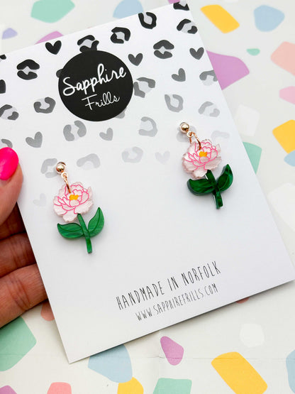Large Pale Pink Peony Acrylic Dangle Earrings or Necklace – Hypoallergenic Stainless Steel