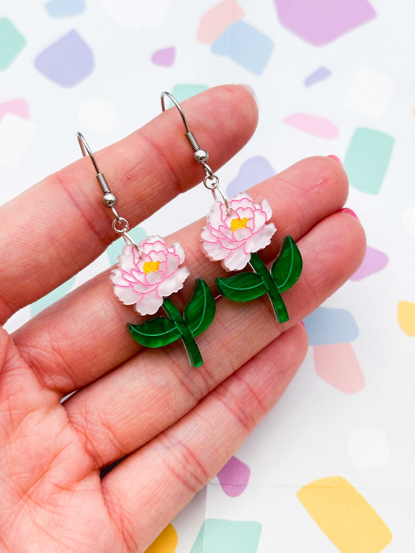 Large Pale Pink Peony Acrylic Dangle Earrings or Necklace – Hypoallergenic Stainless Steel