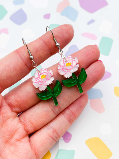 Large Pale Pink Peony Acrylic Dangle Earrings or Necklace – Hypoallergenic Stainless Steel