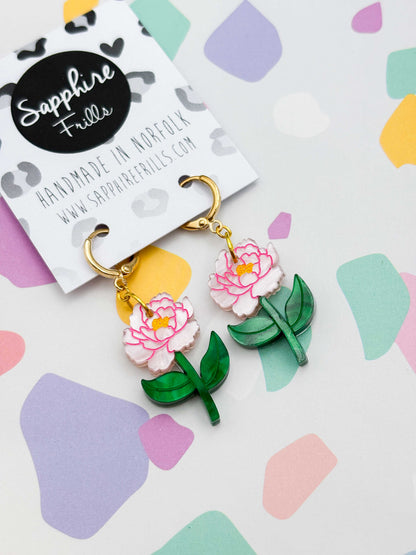Large Pale Pink Peony Acrylic Dangle Earrings or Necklace – Hypoallergenic Stainless Steel