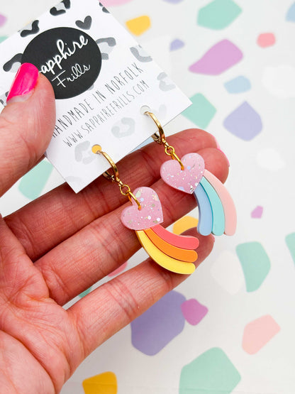 Medium Mismatch Pastel Rainbow Shooting Heart Dangle Earrings or Necklace – Hypoallergenic Stainless Steel