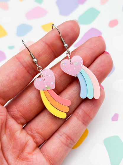 Medium Mismatch Pastel Rainbow Shooting Heart Dangle Earrings or Necklace – Hypoallergenic Stainless Steel