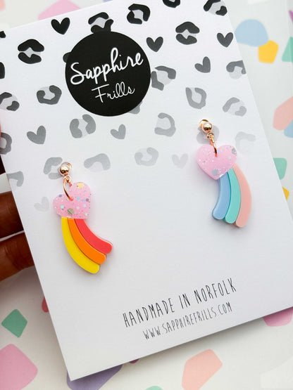 Medium Mismatch Pastel Rainbow Shooting Heart Dangle Earrings or Necklace – Hypoallergenic Stainless Steel
