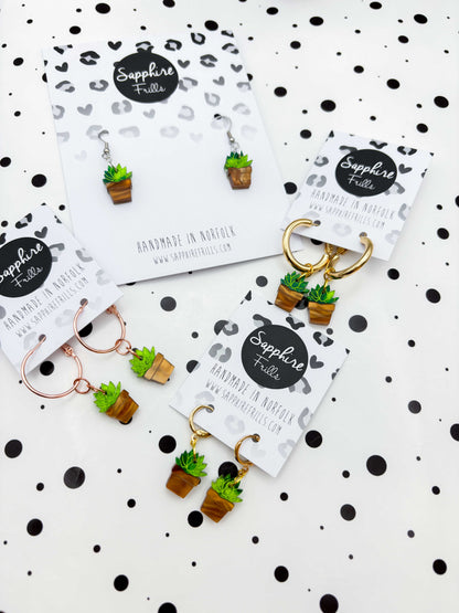 Small Green Succulent in Pot Dangle Earrings or Necklace – Hypoallergenic Stainless Steel