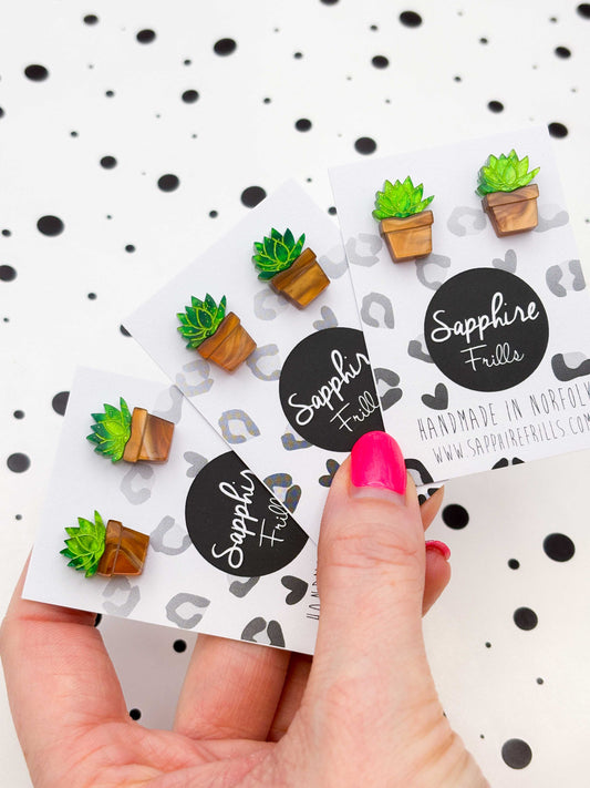 Small Green Succulent in Pot Stud Earrings – Hypoallergenic Stainless Steel