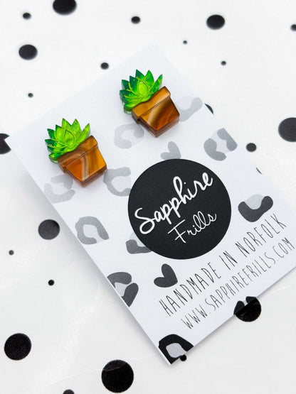 Small Green Succulent in Pot Stud Earrings – Hypoallergenic Stainless Steel