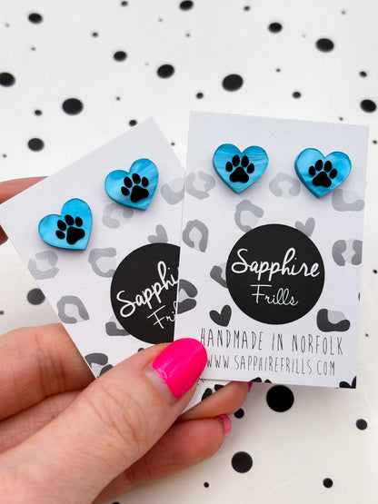Small Turquoise Blue Marble Paw Print Acrylic Heart Stud Earrings – Hypoallergenic Stainless Steel