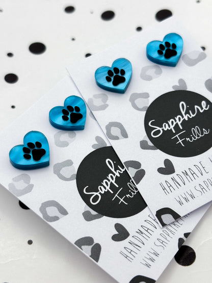 Small Turquoise Blue Marble Paw Print Acrylic Heart Stud Earrings – Hypoallergenic Stainless Steel