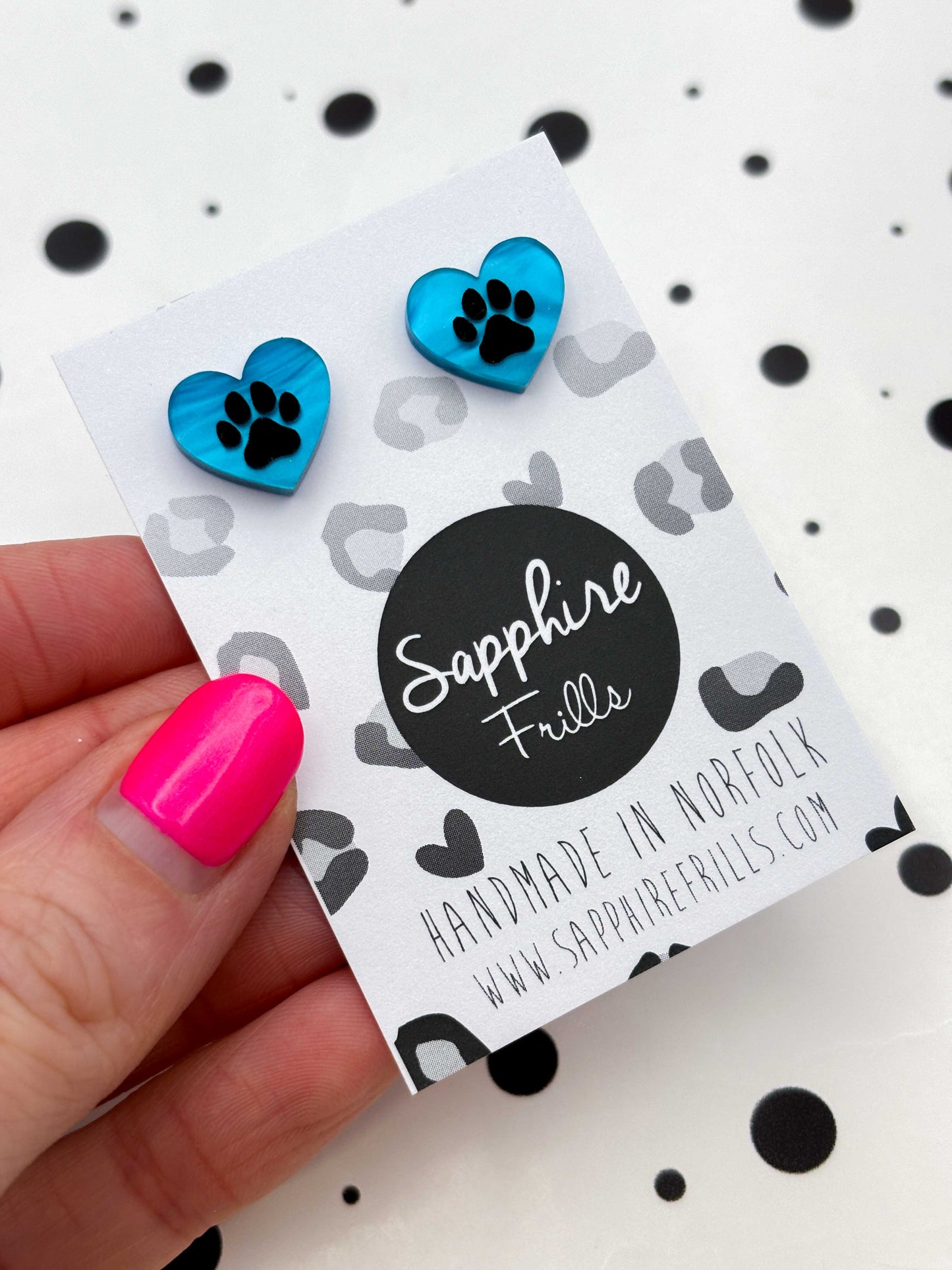Small Turquoise Blue Marble Paw Print Acrylic Heart Stud Earrings – Hypoallergenic Stainless Steel