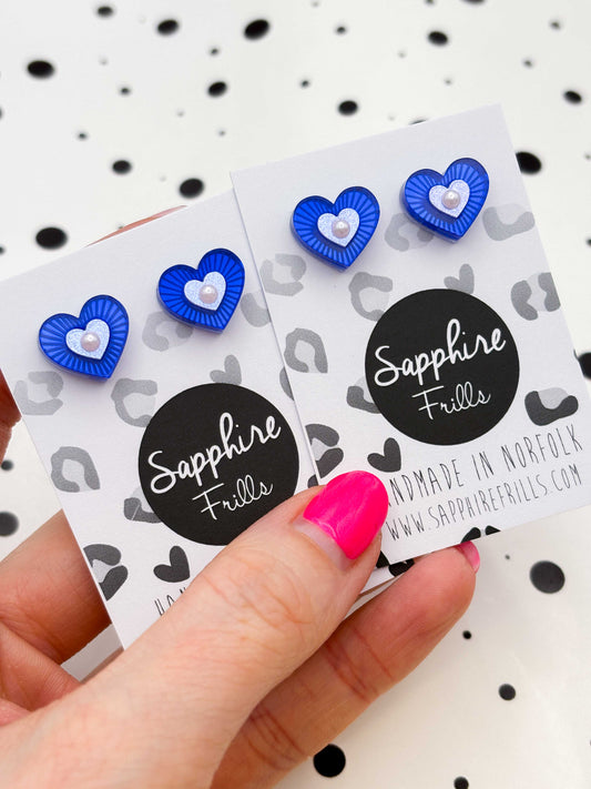 Small Blue Mirror with Pearl Cut Out Heart Stud Earrings – Hypoallergenic Stainless Steel