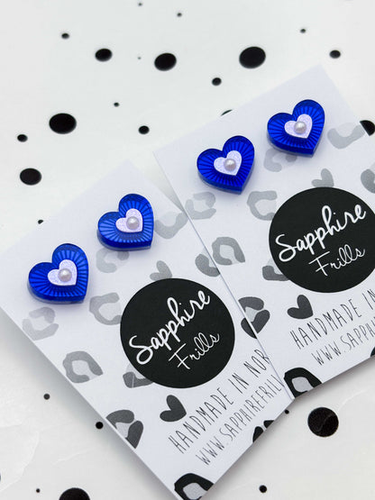Small Blue Mirror with Pearl Cut Out Heart Stud Earrings – Hypoallergenic Stainless Steel