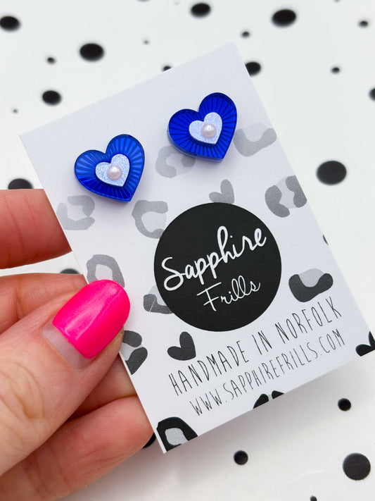 Small Blue Mirror with Pearl Cut Out Heart Stud Earrings – Hypoallergenic Stainless Steel